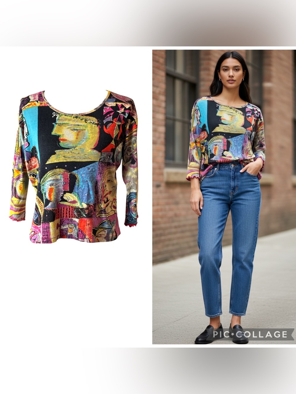 Vintage Zashi Picasso Inspired Cubist Faces Beaded Top Black Multi Size M